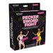 Packaging for Pecker Sword Fight Game featuring two inflatable strap-ons with adjustable waist straps, designed for bachelorette parties.
