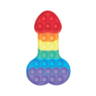 Rainbow-colored silicone pop-it fidget toy with bubble-popping features in a playful shape.