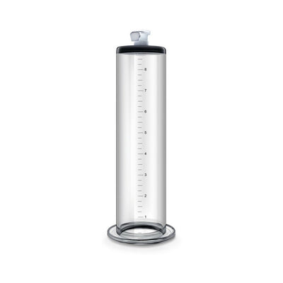 Clear 9-inch penis pump cylinder with measurement markings and black top valve.