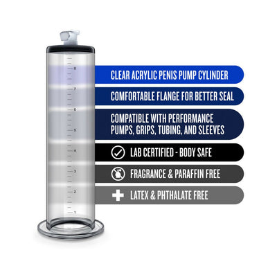 Clear acrylic 9-inch penis pump cylinder with comfortable flange and measurement markings, lab certified and body-safe.