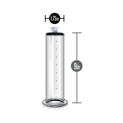 Clear 9-inch by 1.75-inch penis pump cylinder with measurement markings and secure flange base.