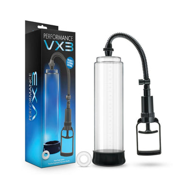 Clear Performance VX3 male enhancement pump system with flexible hose, hand pump, and included cock ring next to product box.