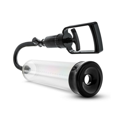 Clear 10-inch male enhancement vacuum pump with black handle, flexible hose, and soft airtight sleeve.