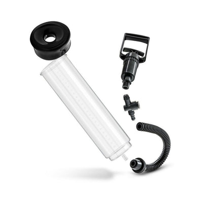 Clear vacuum chamber penis pump with black soft pump sleeve, pull handle, flexible hose, and valve components displayed on white background.