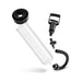 Clear vacuum chamber penis pump with black soft pump sleeve, pull handle, flexible hose, and valve components displayed on white background.