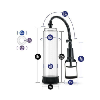 Clear Performance VX3 male enhancement pump system with detailed size measurements and black hand pump handle.