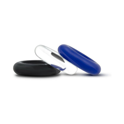 Set of three stretchy silicone donut rings in black, clear, and blue for enhanced performance and comfort.