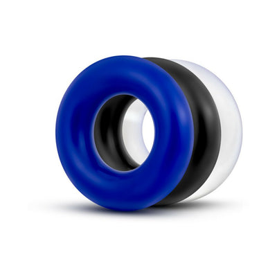 Set of three stretchy silicone donut rings in blue, black, and white for enhanced performance and comfort.