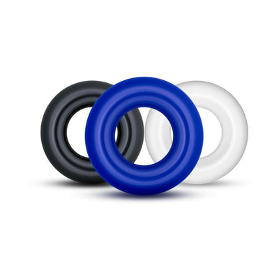 Set of three silicone donut rings in black, blue, and white, designed for comfort and performance.