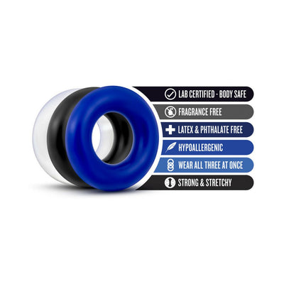 Set of three silicone donut rings in blue, black, and white with features like body safe, fragrance free, and hypoallergenic.