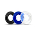Set of three stretchy silicone donut rings in black, blue, and translucent white for enhanced performance and comfort.