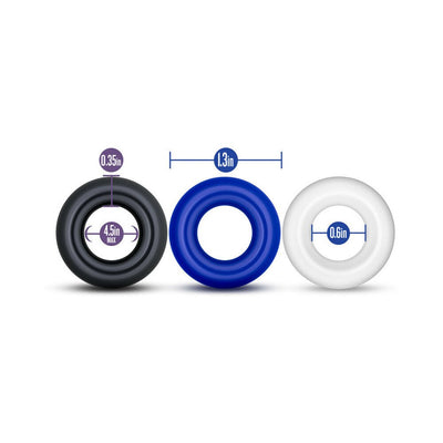 Set of three silicone donut rings in black, blue, and white with size measurements displayed.