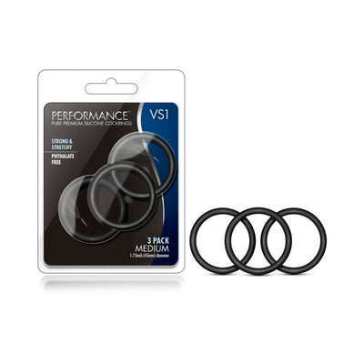 Three black silicone performance rings displayed next to their packaging labeled VS1 medium size, 1.75 inch diameter.