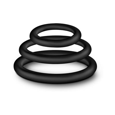 Set of three black silicone cock rings in small, medium, and large sizes stacked on a white background.