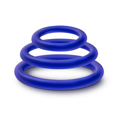 Set of three blue silicone cock rings in small, medium, and large sizes stacked on a white background.