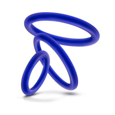 Set of three blue silicone cock rings in small, medium, and large sizes displayed on a white background.