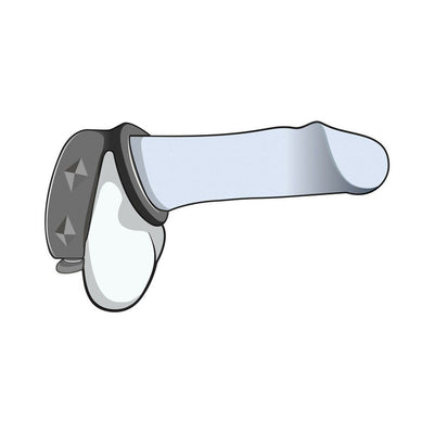 Illustration of a black silicone cock and ball strap with three snap closures designed for comfort and support.