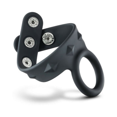 Black silicone cock and ball strap with adjustable snap closures and textured detailing for comfort and fit.