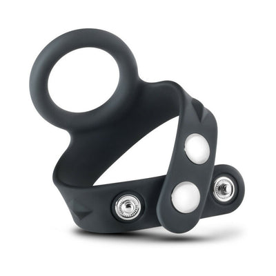 Black silicone cock and ball strap with adjustable snap closures and a smooth, stretchy design.