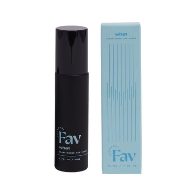 Personal Fav Whet plant-based sex serum in a sleek black bottle next to its light blue packaging box.