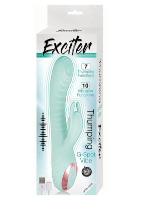 Packaging of Exciter Thumping G-Spot Vibe in light blue with USB charging cable and multiple vibration and thumping functions highlighted.