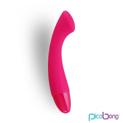 Cerise-colored PicoBong Moka G-Vibe with curved design and textured base for targeted G-spot and external stimulation.