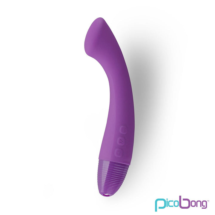 Purple curved PicoBong Moka G-Vibe with textured base and control buttons for targeted G-spot and external stimulation.