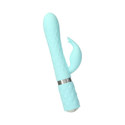 Light blue dual stimulator with textured shaft, curved clitoral attachment, and crystal-accented control handle.