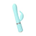 Light blue dual stimulator with textured shaft, curved clitoral attachment, and crystal-accented control handle.