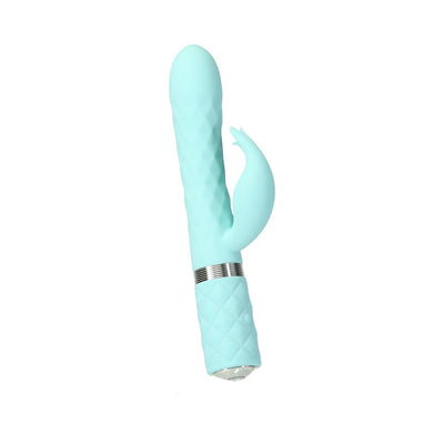 Light blue dual stimulator with textured shaft, curved clitoral attachment, and crystal-accented base handle.