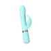 Light blue dual stimulator with textured shaft, curved clitoral attachment, and crystal-accented base handle.