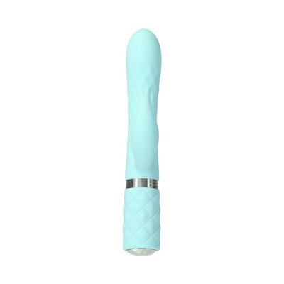 Light blue dual stimulator with textured handle and clitoral attachment, designed for versatile pleasure and easy grip.