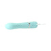 Light blue textured dual stimulator with a curved shaft and USB charging cable attached.