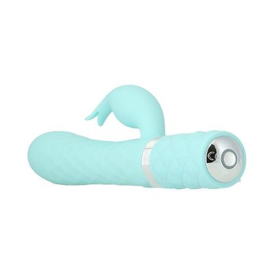 Light blue dual stimulator with textured handle, curved rotating shaft, and three-point clitoral attachment.