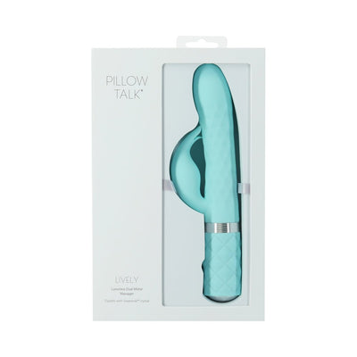 Pillow Talk Lively dual stimulator in turquoise with textured handle, displayed in white retail packaging.
