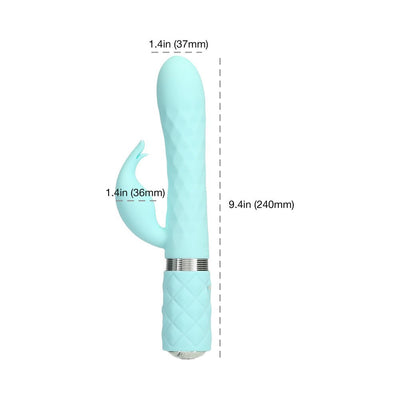 Light blue dual stimulator with textured handle and rotating shaft, featuring a 3-point clitoral attachment and size dimensions shown.