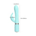 Light blue dual stimulator with textured handle and rotating shaft, featuring a 3-point clitoral attachment and size dimensions shown.