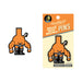 Anthropomorphic orange bong enamel pin with muscular arms and legs, wearing black boots and a belt, displayed on branded backing card.