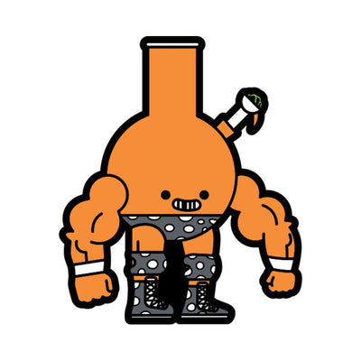 Illustration of a muscular anthropomorphic orange bong wearing polka dot shorts and boots with a smiling face.