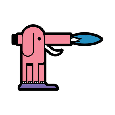 Pink elephant-shaped torch lighter with a blue flame and a playful, minimalist design.