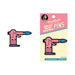Pink elephant-shaped torch enamel pin with blue flame, displayed on branded backing card by Brian "Box" Brown.