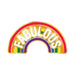 Gold-edged enamel lapel pin shaped like a rainbow with the word fabulous in white letters across the colors.