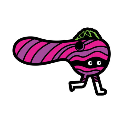 Colorful striped purple and pink anthropomorphic pipe pin with small legs and eyes, holding green cannabis detail on top.