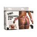 Packaging box showing a pink adjustable bondage thigh harness with bows and detachable wrist cuffs on a model.