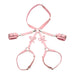 Pink adjustable bondage thigh harness with bows, wrist cuffs, and waist strap made of vegan PU leather.