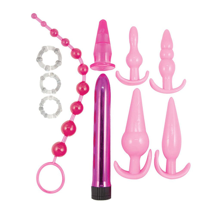 Pink Elite Collection 10-piece anal play kit featuring various sized plugs, beads, cock rings, and a sleek vibrator.