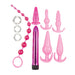 Pink Elite Collection 10-piece anal play kit featuring various sized plugs, beads, cock rings, and a sleek vibrator.