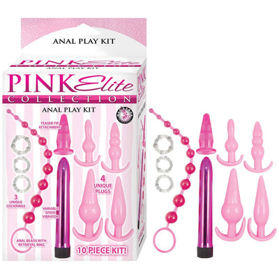 Pink Elite Collection 10-piece anal play kit with vibrator, anal beads, cock rings, teaser tip, and four unique plugs in pink tones.