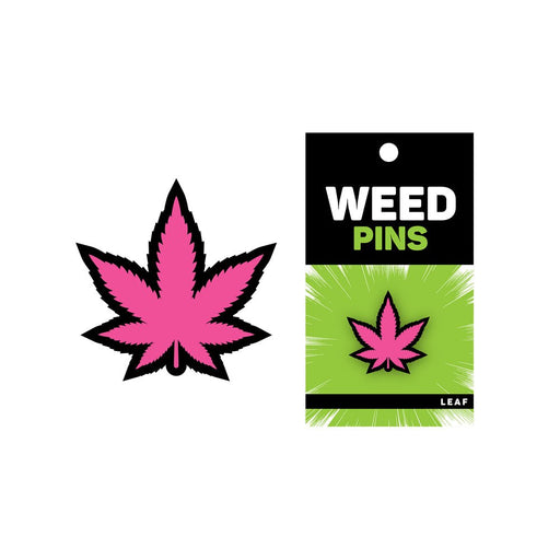 Pink enamel lapel pin shaped like a cannabis leaf with black outline on white background and packaging card.