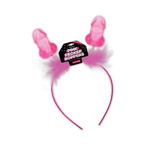 Pink headband with two spring-mounted playful pink shapes and fluffy feather accents for parties and events.